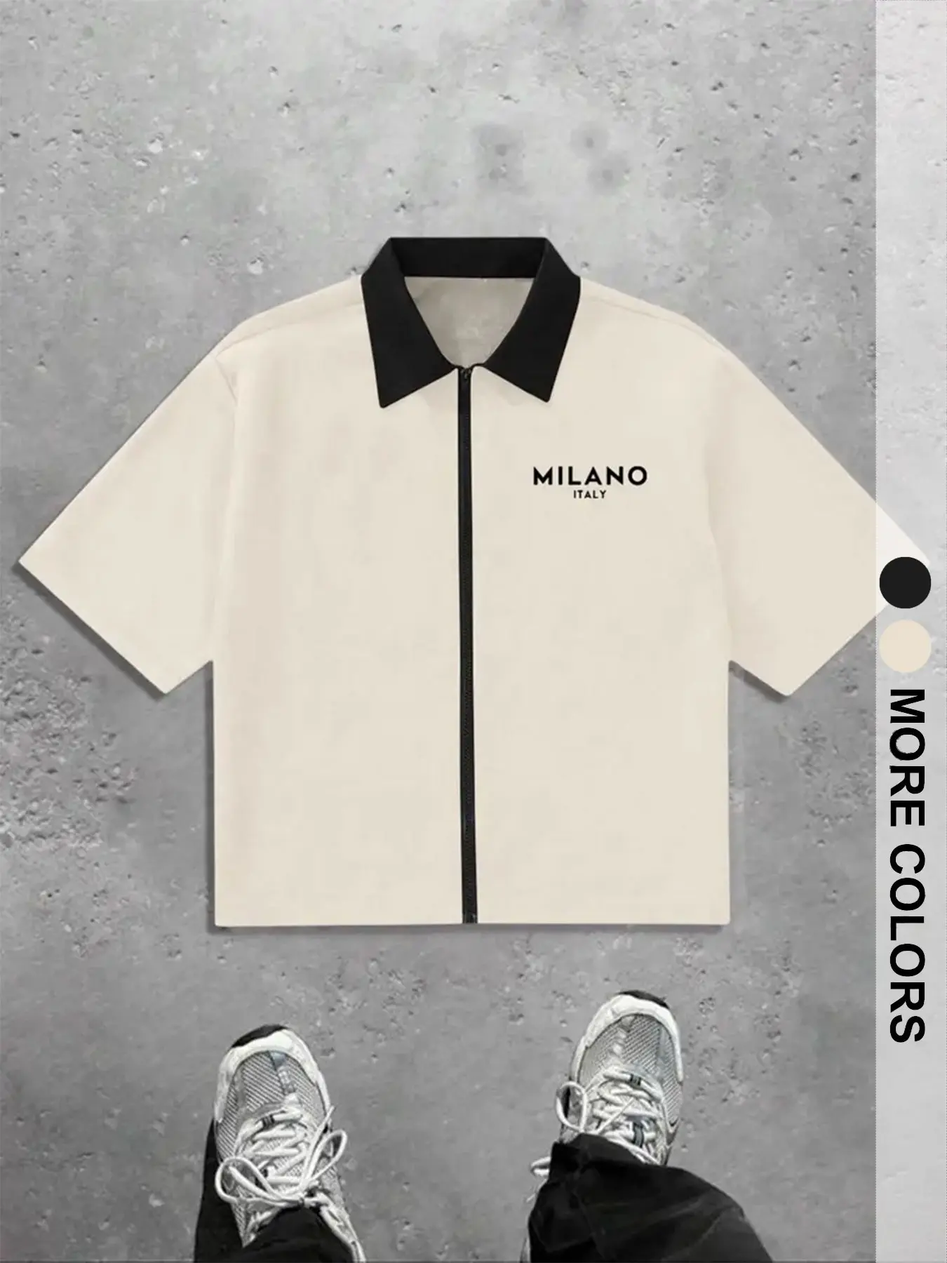 Summer Basic Zipper Short Sleeve Collared Menswear Cardigan Shirt, Solid Color Italian Slogan Print, Loose Fit, Breathable Casual Top