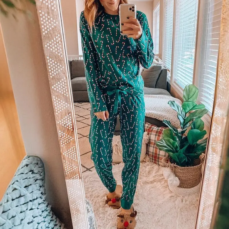 Green Christmas Candy Cane Printed Top and Pants Lounge Set
