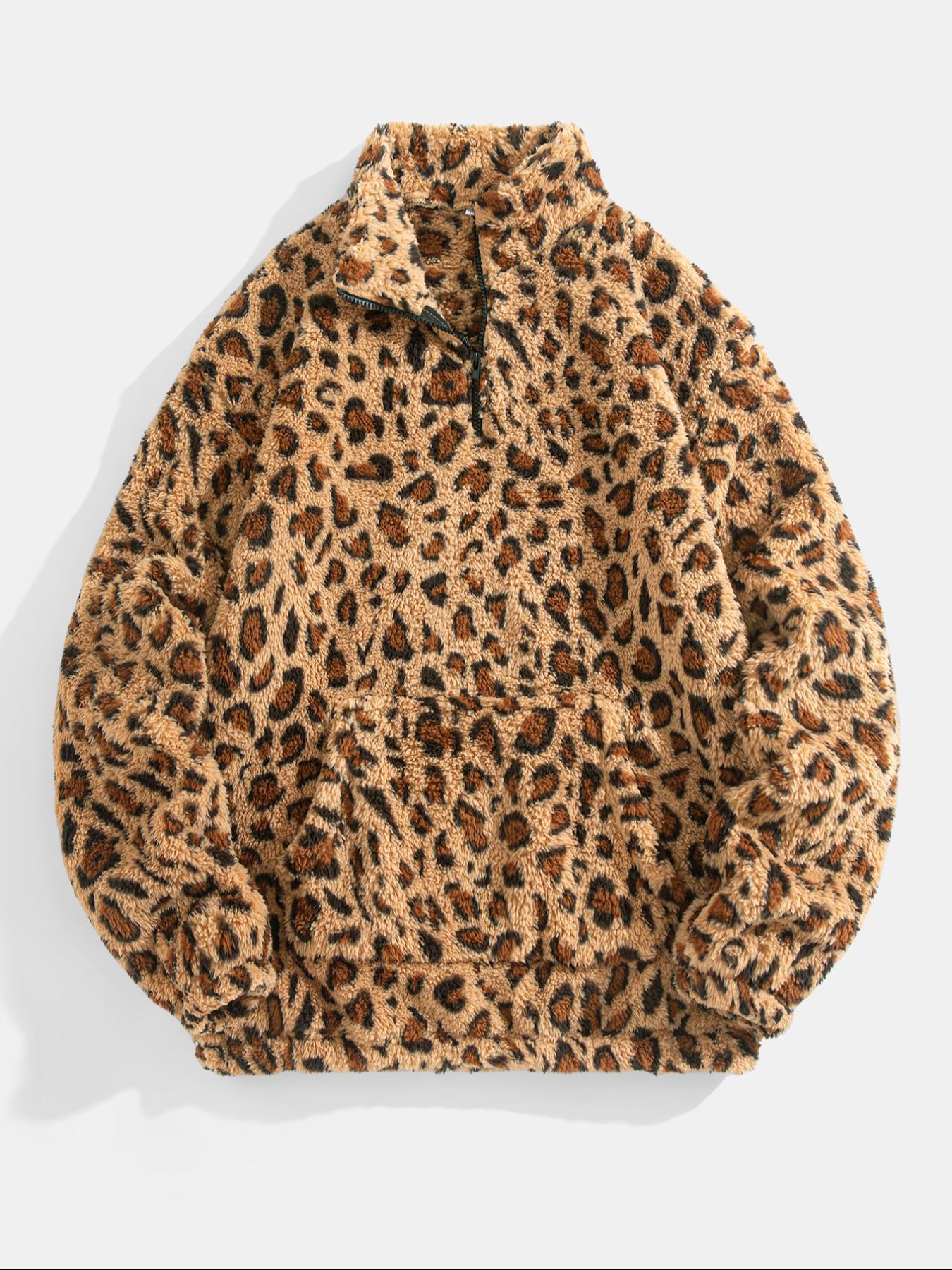 Men's Leopard Print Pocket Half Zip Plush Sweatshirt, Loose Casual Long Sleeve Drop Shoulder Fuzzy Pullover for Winter, Fashion Men's Clothes for Daily Wear, Casual Sweatshirts