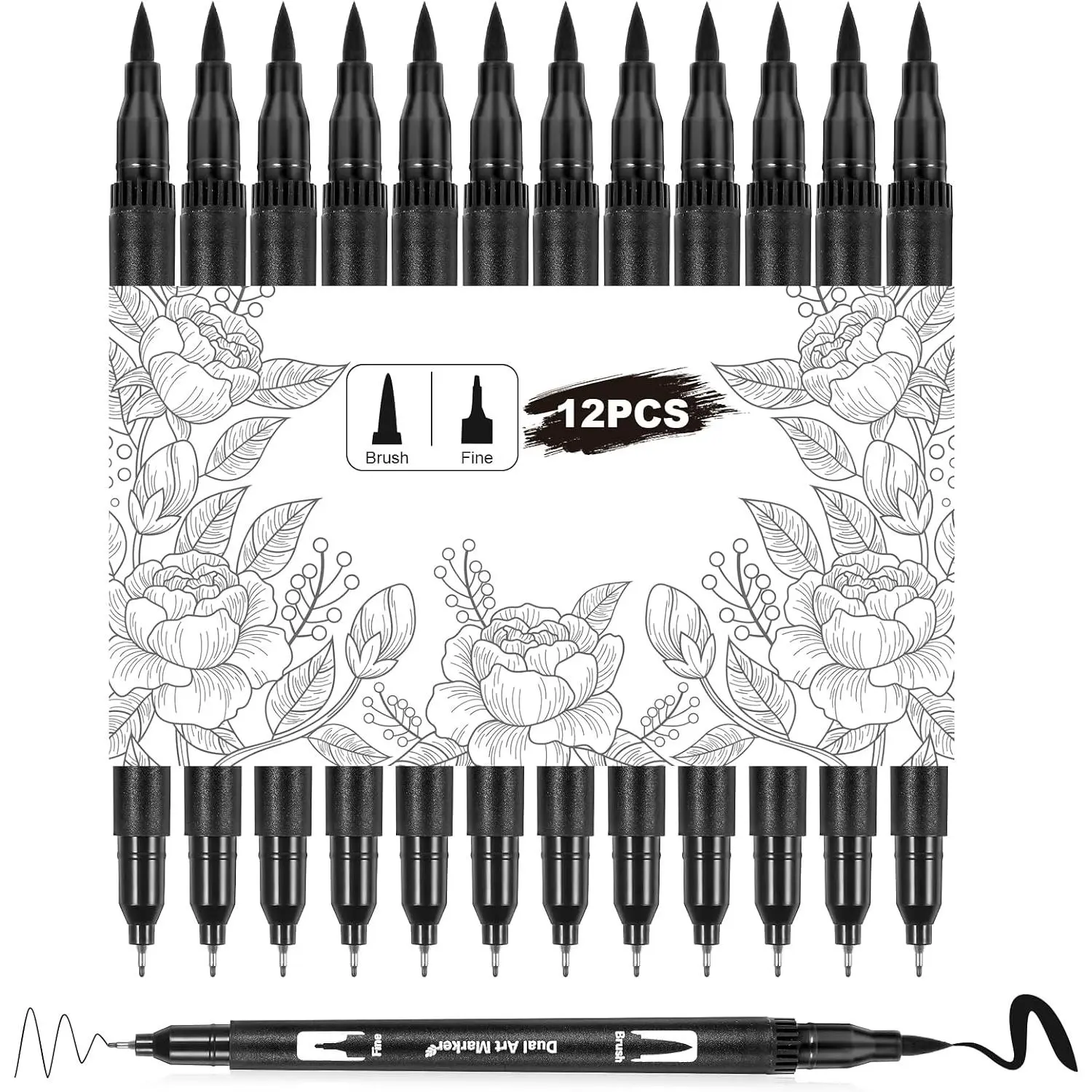 12 Pack Drawing Pens Black Felt Tip Markers  Brush Fineliners Pens Fine Calligraphy Brush Pens For Beginners Art Sketching Writing Hand Lettering Scrapbooking Journaling