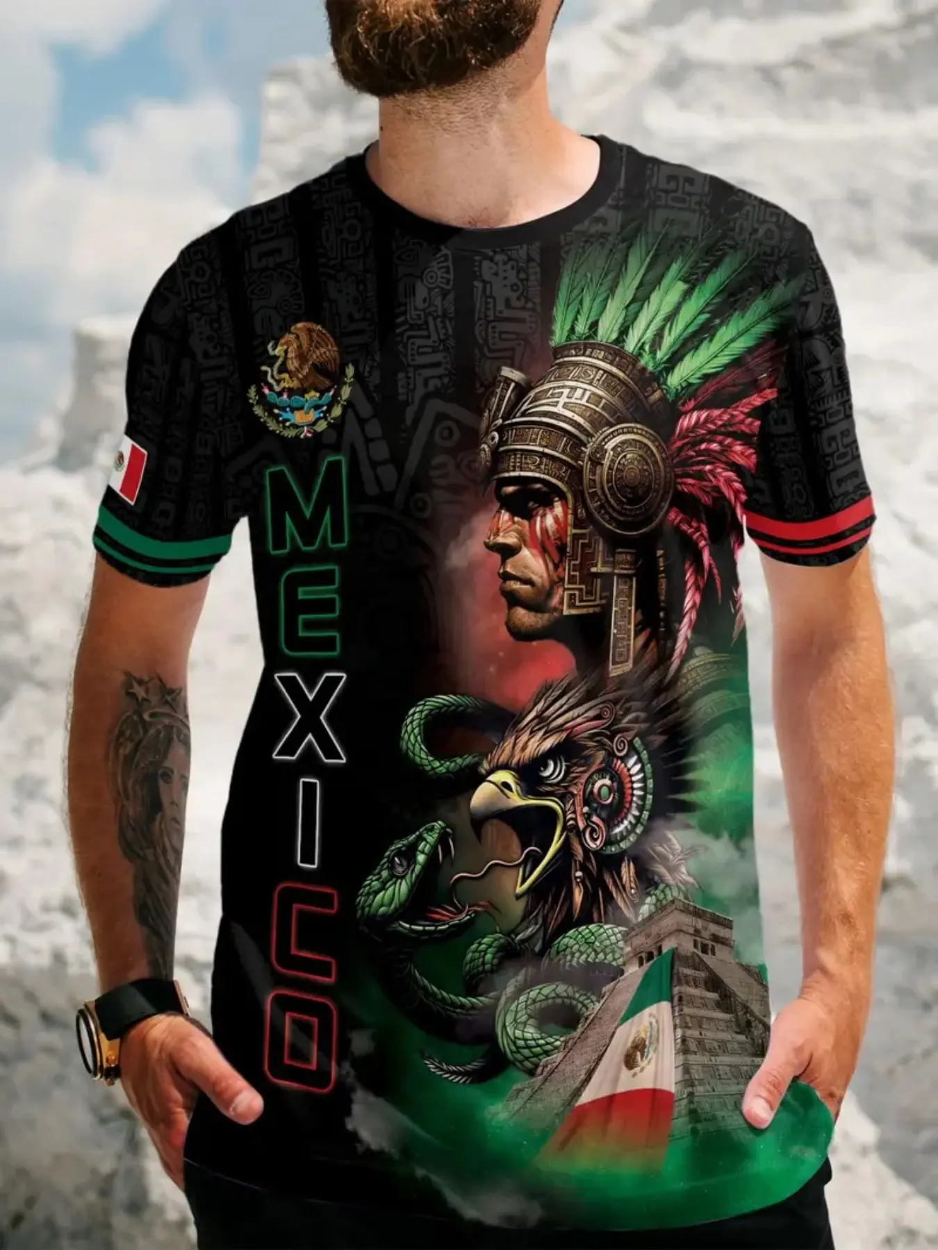 Mexican Aztec Warrior Print T-Shirt for Men, Ethnic Cultural Style Round Neck Short Sleeve Top, Casual Fitted Graphic Tee, Unisex Design