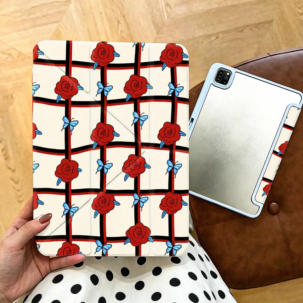 Yshaped Rose And Butterfly Tablet Protective Case， Plaid Aesthetic Style， Compatible With Apple ipad 10th generation/IPAD Pro 13 2024/pro 12.9 2022/pro 11 2022/IPAD Air1/2/3/4/5/6th， With Pencil holder， Perfect Elegant Gift Choice