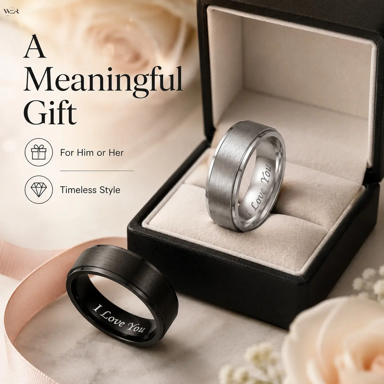 Engraved "I Love You" Couple Matching Ring Set, 8MM Brushed Comfort Fit Tungsten Wedding Bands, Black & Silver Two Tone Promise Rings for Men Women