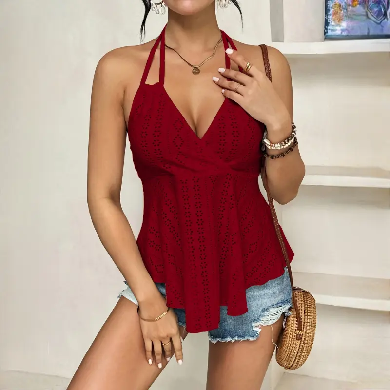 Women's Red Halter Top, Deep V Neck Sleeveless Cami with Eyelet Openwork, Asymmetrical Hem Peplum Tank Top, Sexy Boho Y2K Going Out Shirt for Summer Vacation, Beach, Festival, Party, Club, Date Night, Concert, Casual Streetwear, Summer Fashion Top