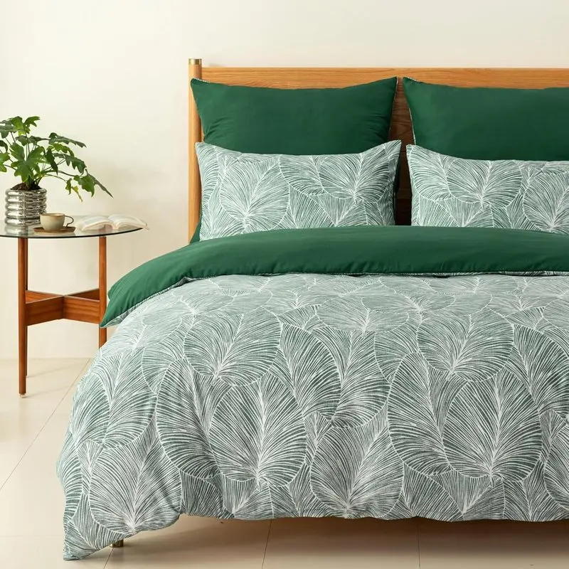 King Size Emerald Green Retro Floral Leaf Print Reversible Soft Washed Microfiber Duvet Cover Set, 3 Pieces, Bedroom Bedding Set, Wrinkle-Free