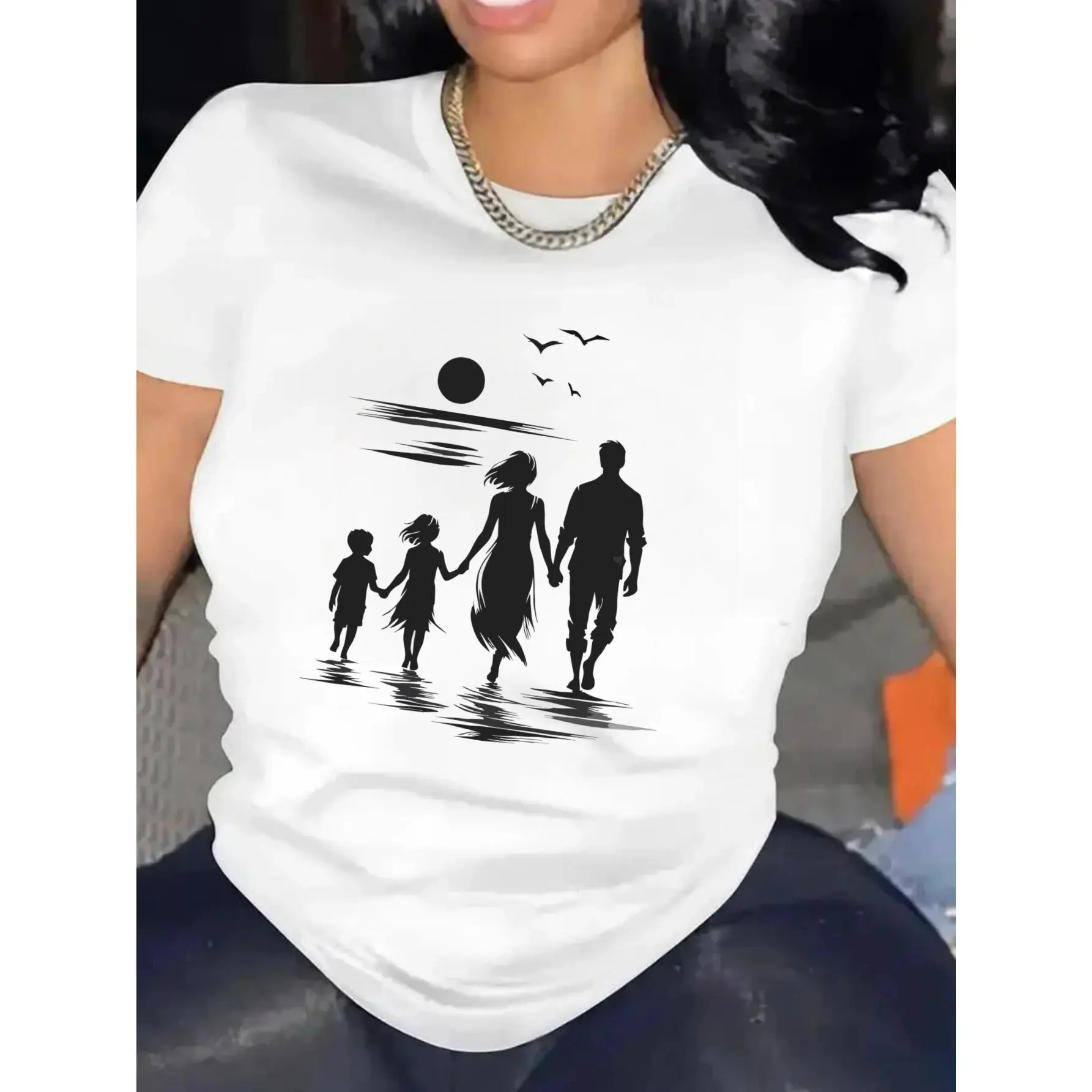 Beach Sunset Four Person Family Silhouette Seagull Water Reflection Graphic T-Shirt 100% Cotton White Women Family Tee,Women's fashion,summer Women's clothes,T-shirt