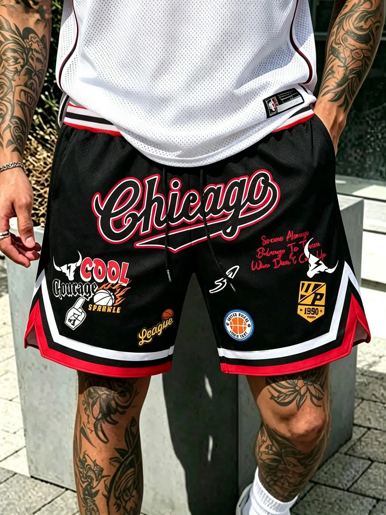American Basketball Style Athletic Casual Shorts, Cool Sports Shorts, Breathable Summer Shorts, Chicago Logo, Mesh Breathable Fabric, Drawstring Design, Graphic Pattern, Ideal for Daily Wear and Light Sports