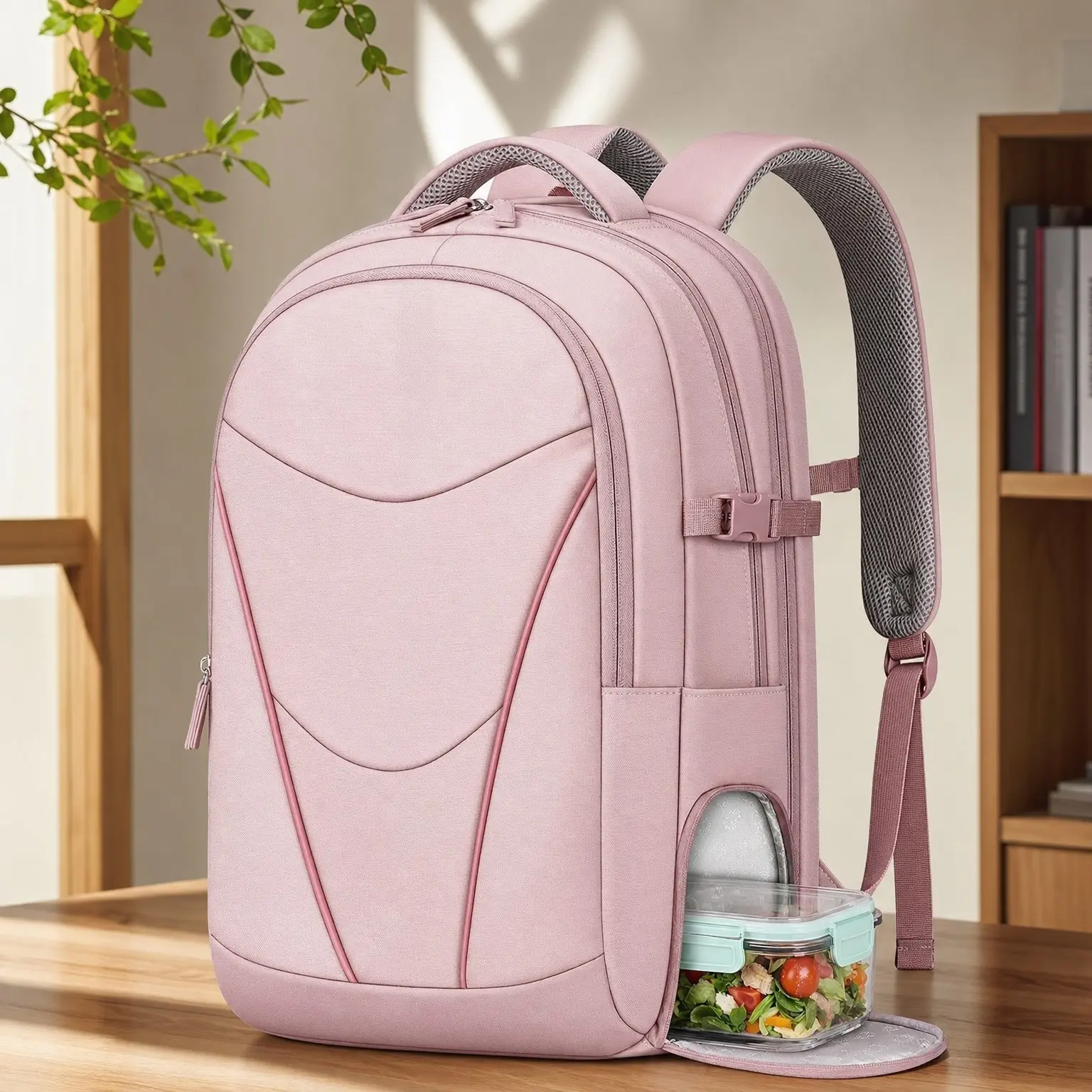Pink College Laptop Backpack for Women, Fits 17 Inch Computer, with Lunch Compartment, Water Resistant, Water Bottle Holder, Teacher Nurse Meal Prep Bag for Office Commute School WorkGift