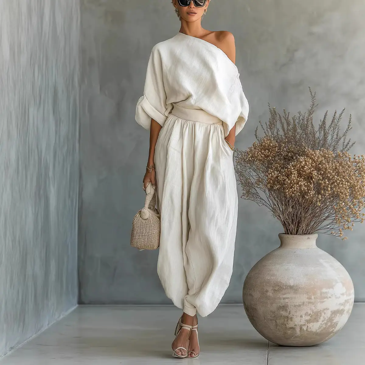 Women Fall New Loose Wide Leg Pants Cotton Linen Two Piece Set Casual Lantern Sleeve Tops And Pants Suit For European American Market