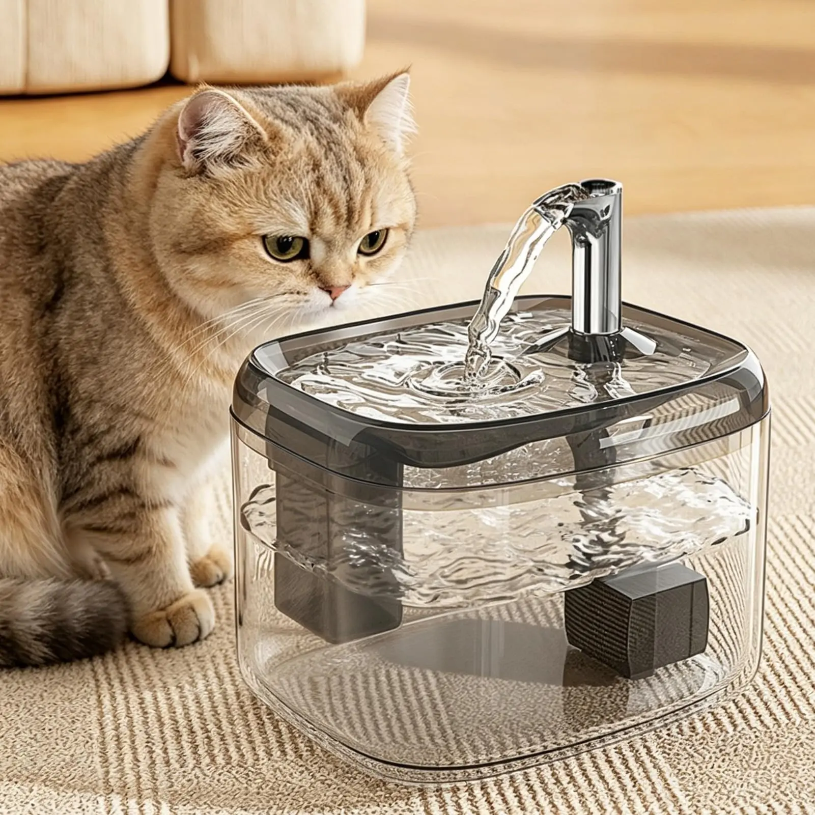 Cat Water Fountain for Drinking, 1.5L Cat Fountain Super Silent Pet Drinking Dispenser,Quiet Pump and Faucet Design Suitable for Cats and Dogs（Grey）