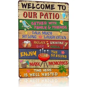 Welcome to Our Patio Outdoor Metal Sign – Colorful Rustic Wall Decor for Backyard, Poolside Bar, Funny Summer Sayings with Icons Poster Vintage Tin Sign, Great Gift for Neighbors & Friends 8x12 Inch