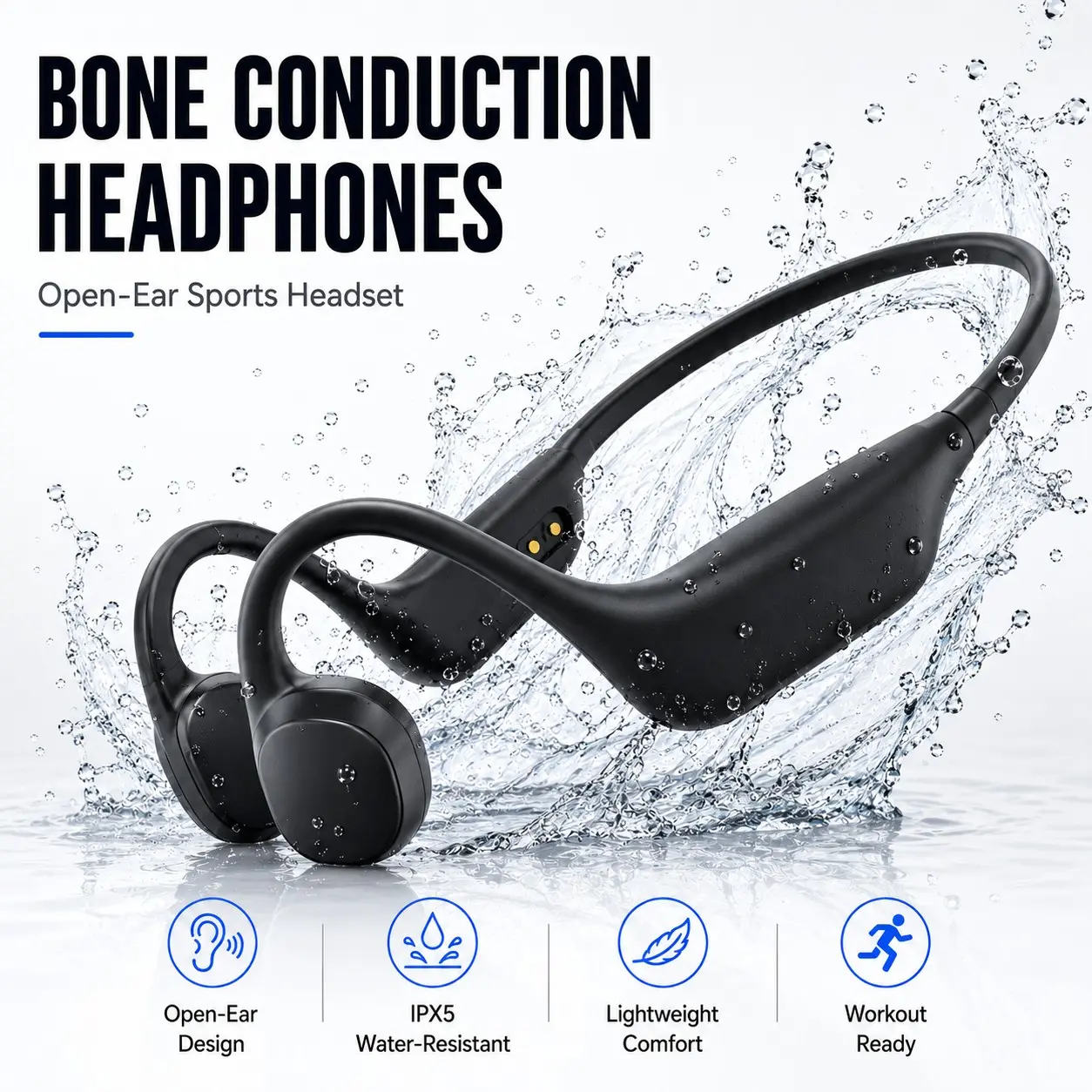 Bone Conduction Sports Headphones, Open-Ear Bluetooth Headset with Mic, Stable Fit and IPX5 Sweat Resistance for Running Cycling Fitness