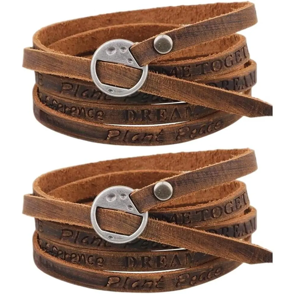 2 count Cowhide Leather Wrap Bracelets Wristbands Cuff  Adjustable  Boho Layered Bracelet  Brown Stackable Straps Arm Armor with Alloy Toggle Clasp for Men Women