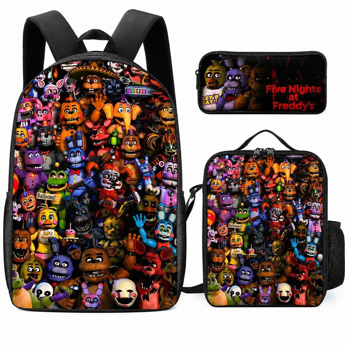 5 Nights at Freddy's Cartoon Theme 3-Piece 3D Print Backpack Set - Adjustable Straps, Extralarge Size, Multiple Pockets, Insulated Lunch Bag, Pencil Case for Kids All Seasons Back-to-School Gym Bag