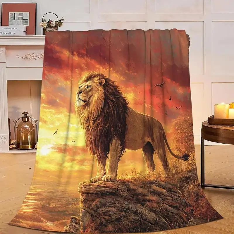 [SummerVibes] Soft Lion Fleece Throw Blanket, Lightweight Flannel Decor Bedding, Perfect Gift for Adults & Kids, Bed & Travel Use