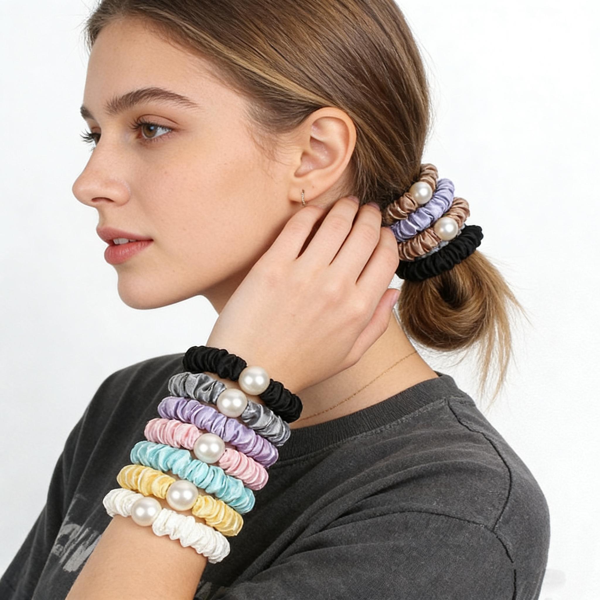 Hair Accessories Scrunchies for Women Variety Pack Hair Ties Scrunchies Hair Elastics Pastel Hair Ties Multicolor Easter Basket Stuffers for Kids,No Damage Hair Ties Scrunchies Pearl Hair Ties Gift for Her