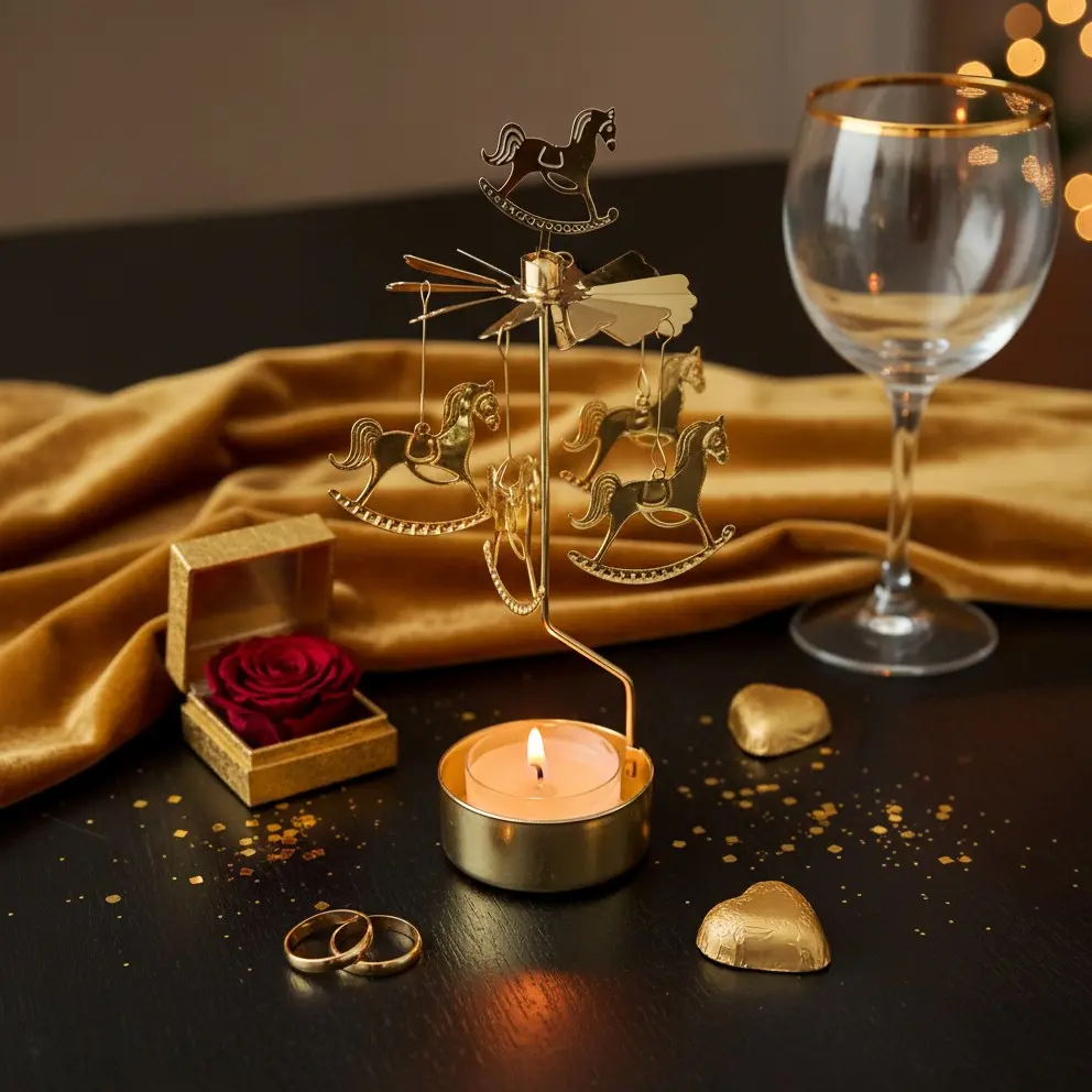 Spinning Carousel Candle Holder, Tea Light Golden Candle Stand, 3D Creative Desk Decor, Romantic Fun Home Decoration, Ideal Birthday Gift & Valentine’s & Anniversary（1 Count, No Candle）