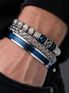 3pcs/set Men's Bracelet Set, Stainless Steel Handmade Braided Wristband, Round Skull Bead Bracelet with Tiger Eye Stone Chain, Beaded Bracelet Set
