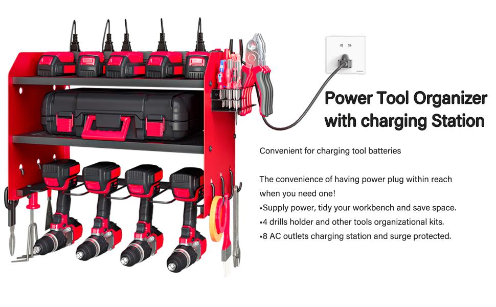 Power Tool Organizer Wall Mount with Charging Station 3 Layer Heavy Duty Metal Tool Storage Rack with 4 Cordless Drill Holder Utility Rack with 8 Power Strip