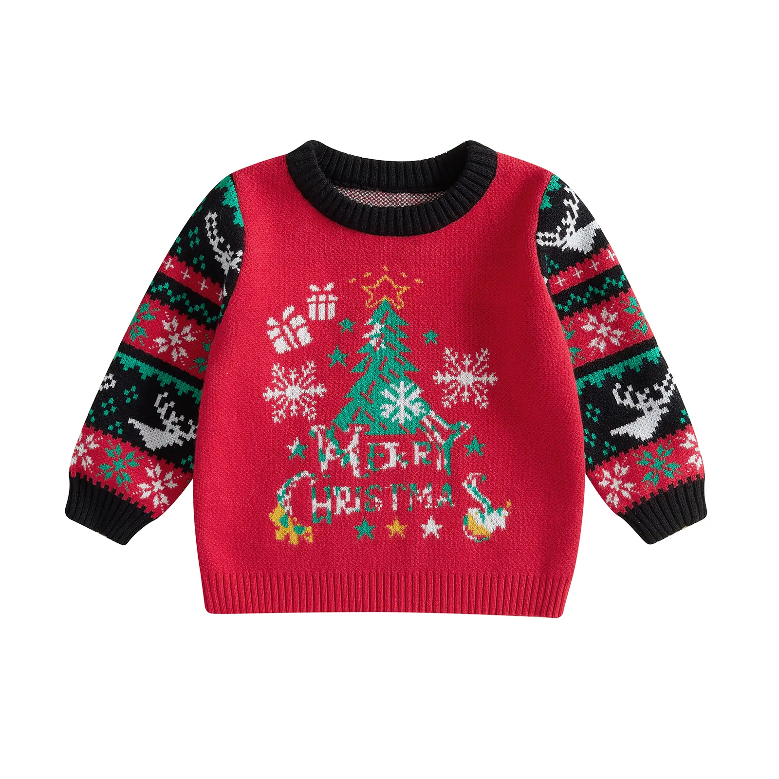 Toddler Baby Christmas Sweater Tree Pattern Contrast Color Long Sleeve Crew Neck Knitwear Pullover