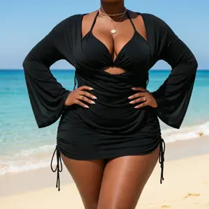Plus Size Black 4 Piece Bathing Suit Set, Halter Bikini, Side Ruched Mini Dress & Flare Sleeve Mesh Cover Up Curve friendly four-in-one swim cover up matching set for beach vacation Summer Vibes