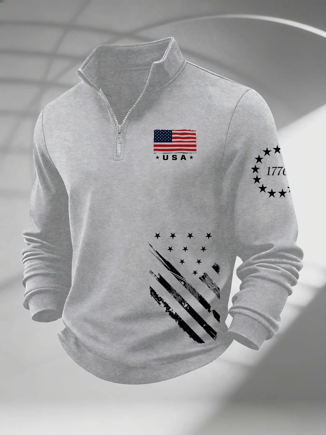 Men's Fitted Quarter Zip Pullover Sweatshirt, Vintage Distressed USA Flag 1776 Star Print, Patriotic Casual Pullover Sweatshirts Long Sleeve Top for Men