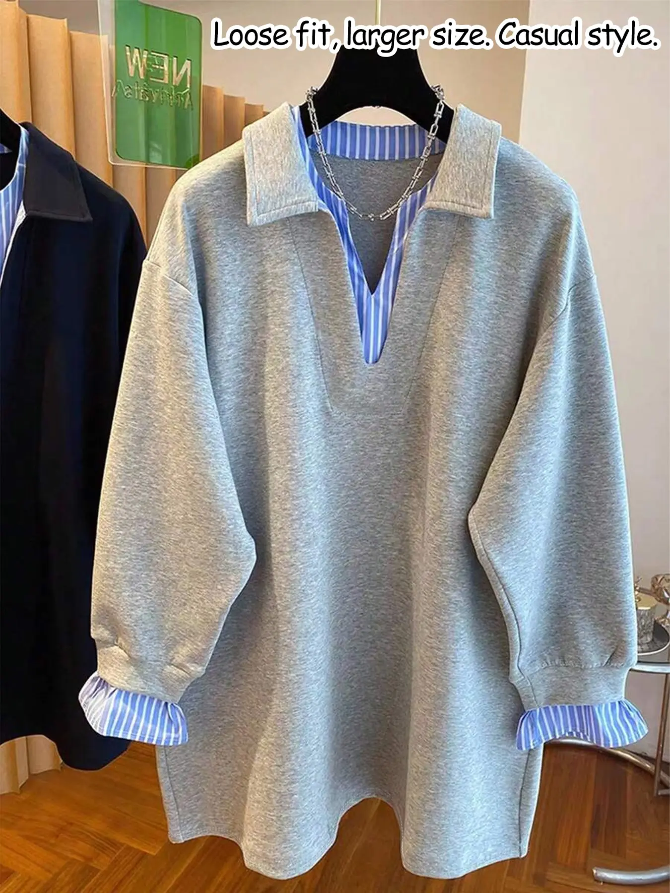 Women's Fall New Colorblock Striped Dual Layer V-Neck Fake Two-Piece Long Sleeve Oversized Loose Fit Baggy Casual Simple Basic Fashion Pullover Sweatshirt, Womenswear, Everyday Tops