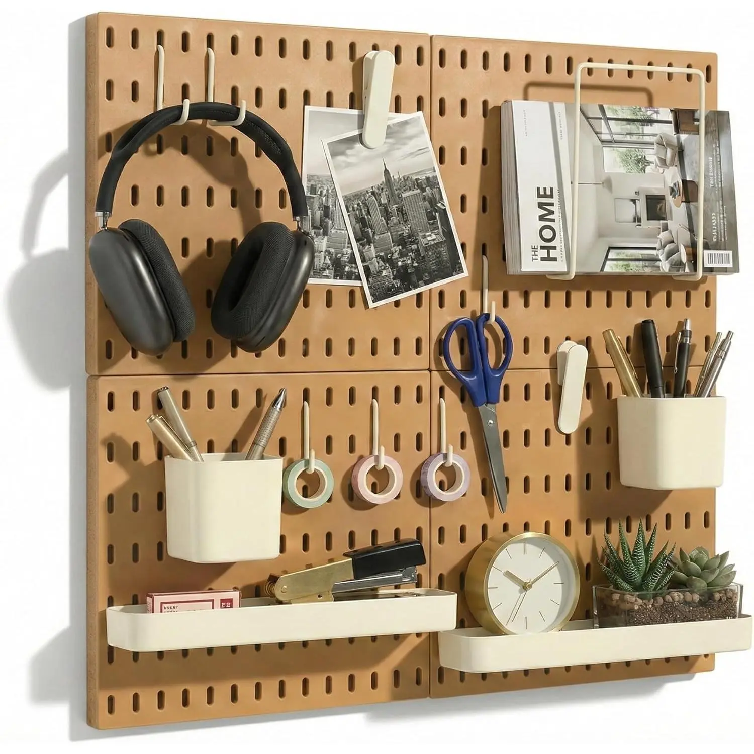 Peg Board Wall Organizer – Plastic Pegboard Panels, Modular Peg Board Storage System for Home Office, Craft Room, Gaming Setup (Tan Brown, 22″×22″)