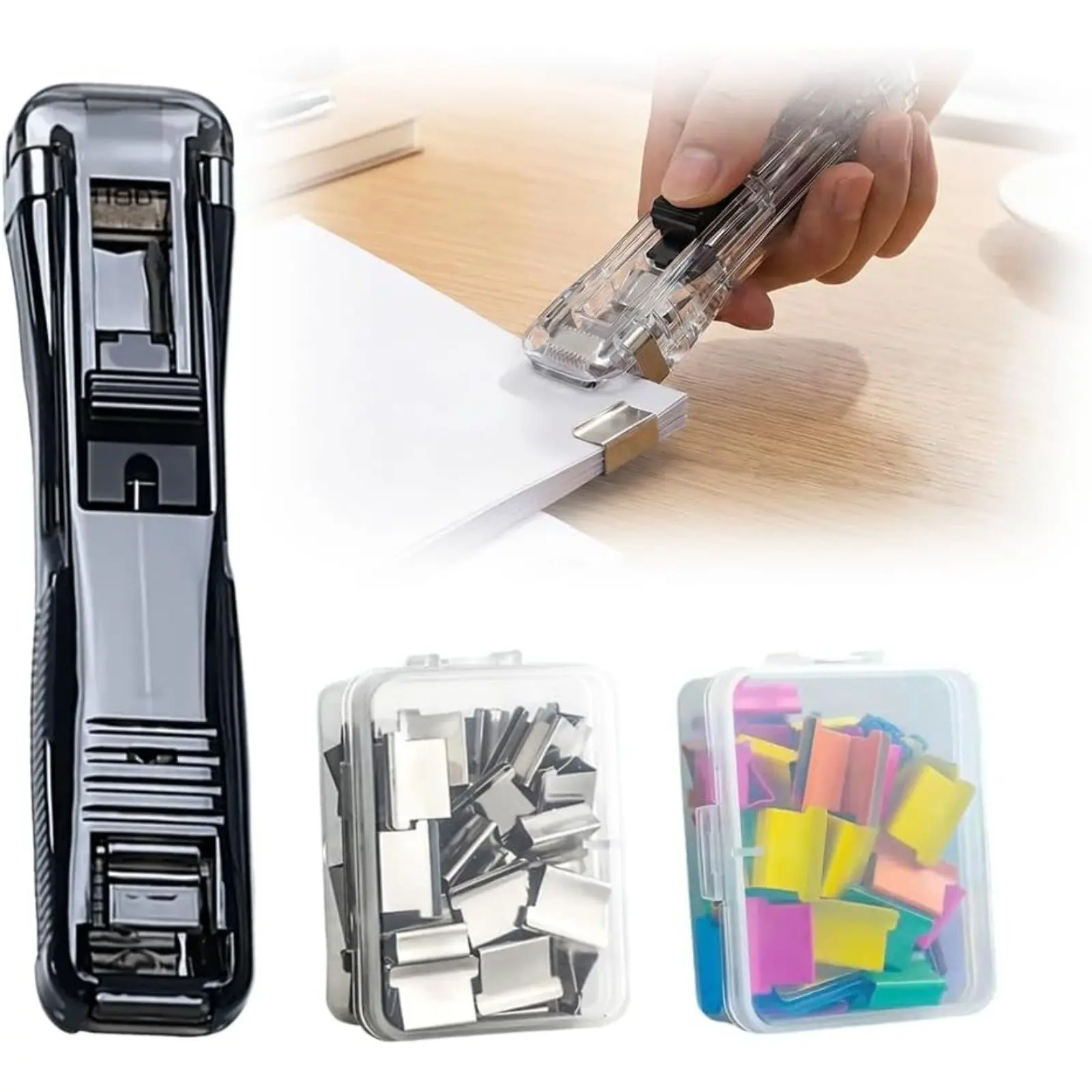 Portable Binder Clip Stapler, New Reusable Portable Paper Clam Clip Dispenser, 100 Metal Refill Clips (50 Silver + 50 Color) for Home, School, Desk Office, Office Accessories, Classroom Supplies (Black-1PCS)