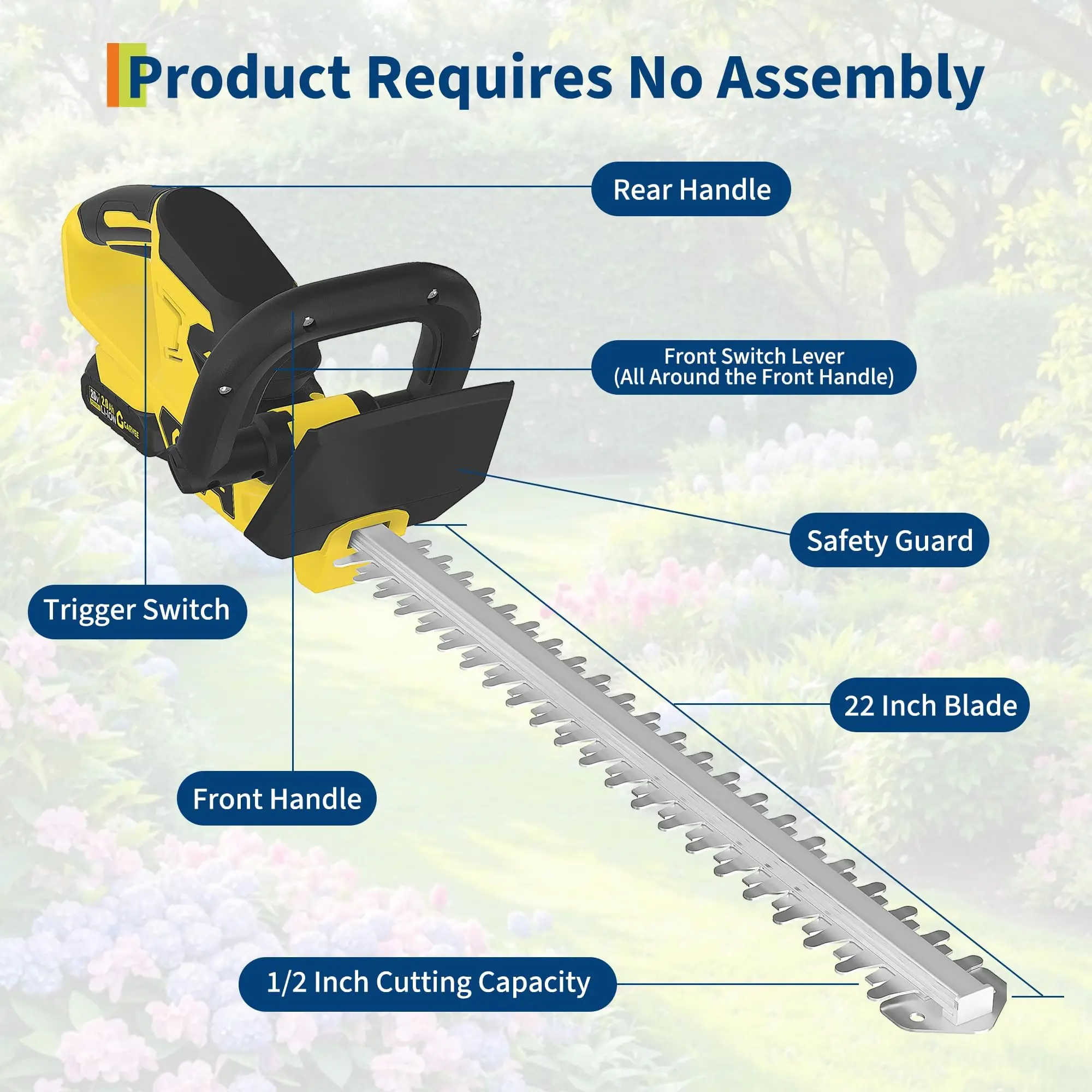 Wireless Hedge Trimmer, 22.4-Inch Blade – 20V Brushless Motor, 2 x 2.0Ah Batteries & Charger – Dual Safety Lock, Lightweight Anti-Rust Steel – Handheld Electric Bush & Shrub Cutter for Garden & Lawn