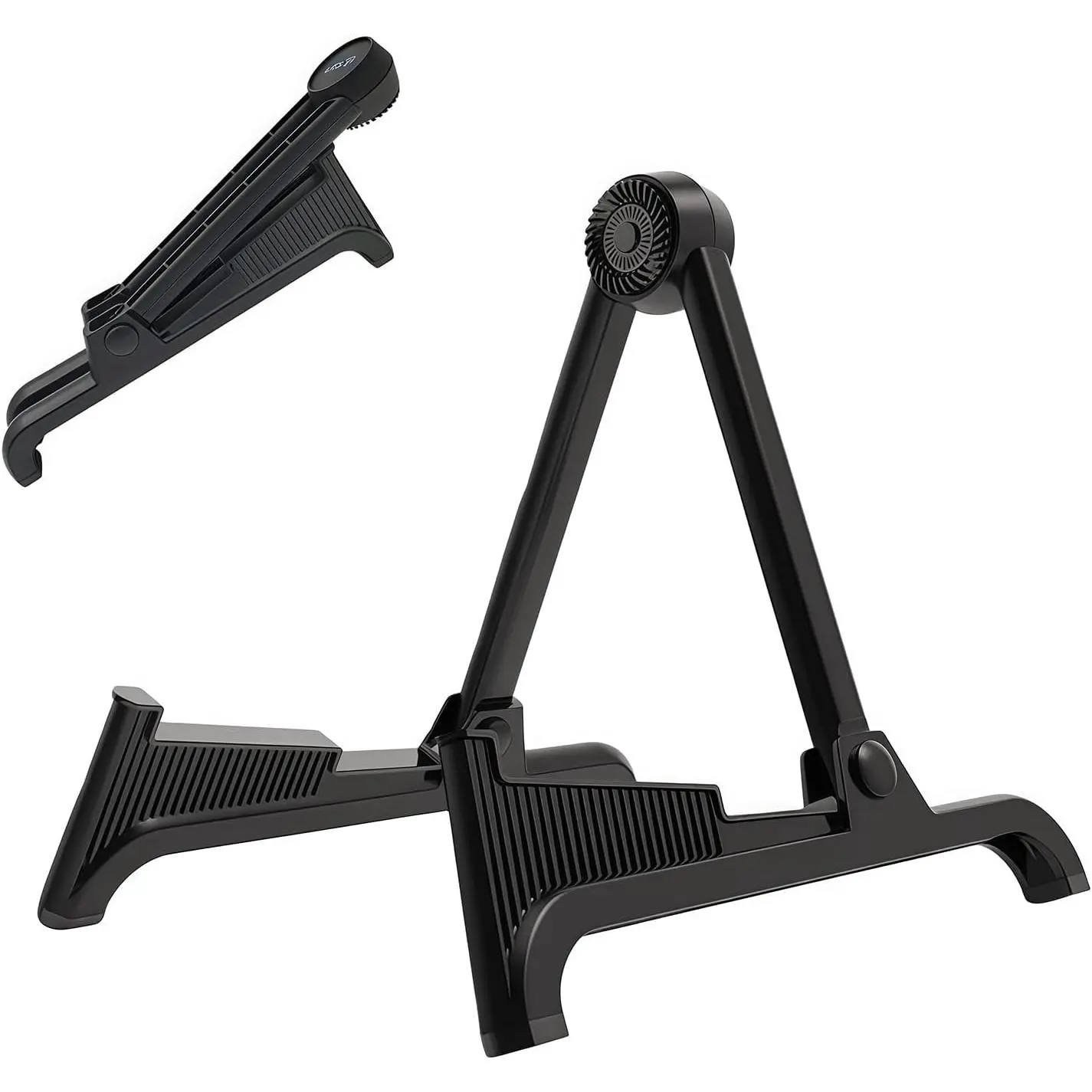 Classic A-Frame Tripod Adjustable Guitar Stand for Acoustic Bass Electric Guitars and Ukuleles Folding Floor Stand Small  for Traveling (BlackRubber+BlackFream)