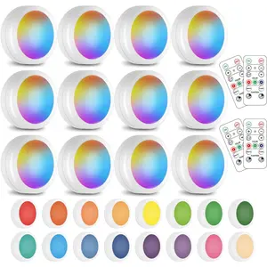 12 Pack Wireless 16 Color Changing LED Puck Lights, Battery Powered Under Cabinet Closet Night Lights with Remote Control, Dimmer & Timing Function