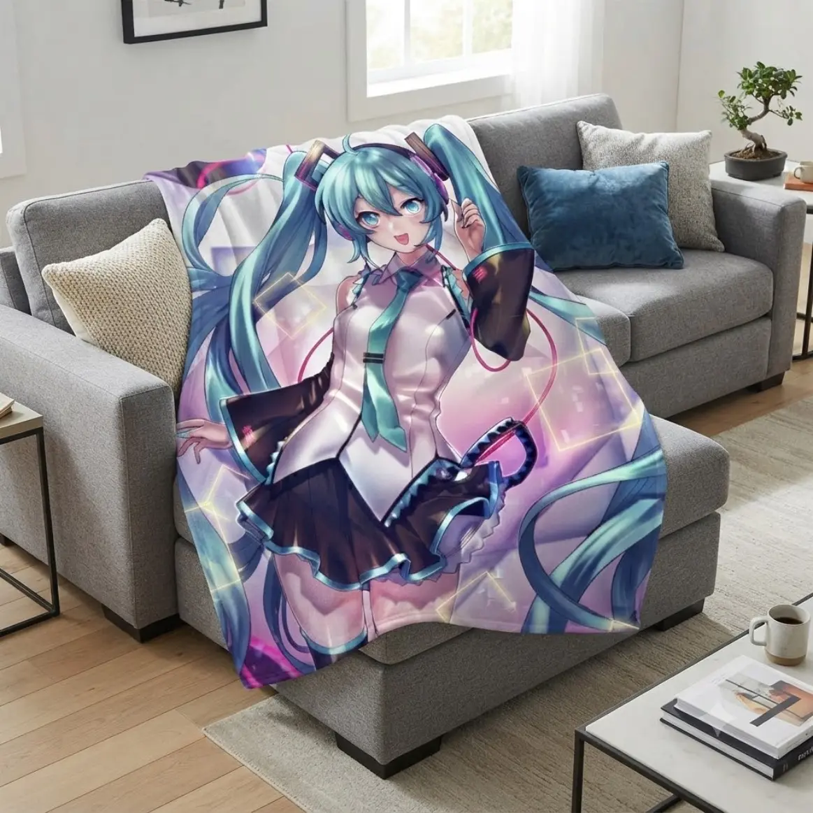 Kawaii Hatsune Miku VOCALOID Anime Collage Flannel Throw Blanket for Adults and Kids, Durable Ultra-Soft Lightweight All-Season Cooling Blanket for Bedroom Sofa, Pastel Virtual Idol Home Decor and Bedding, Birthday and Christmas Fan Gift