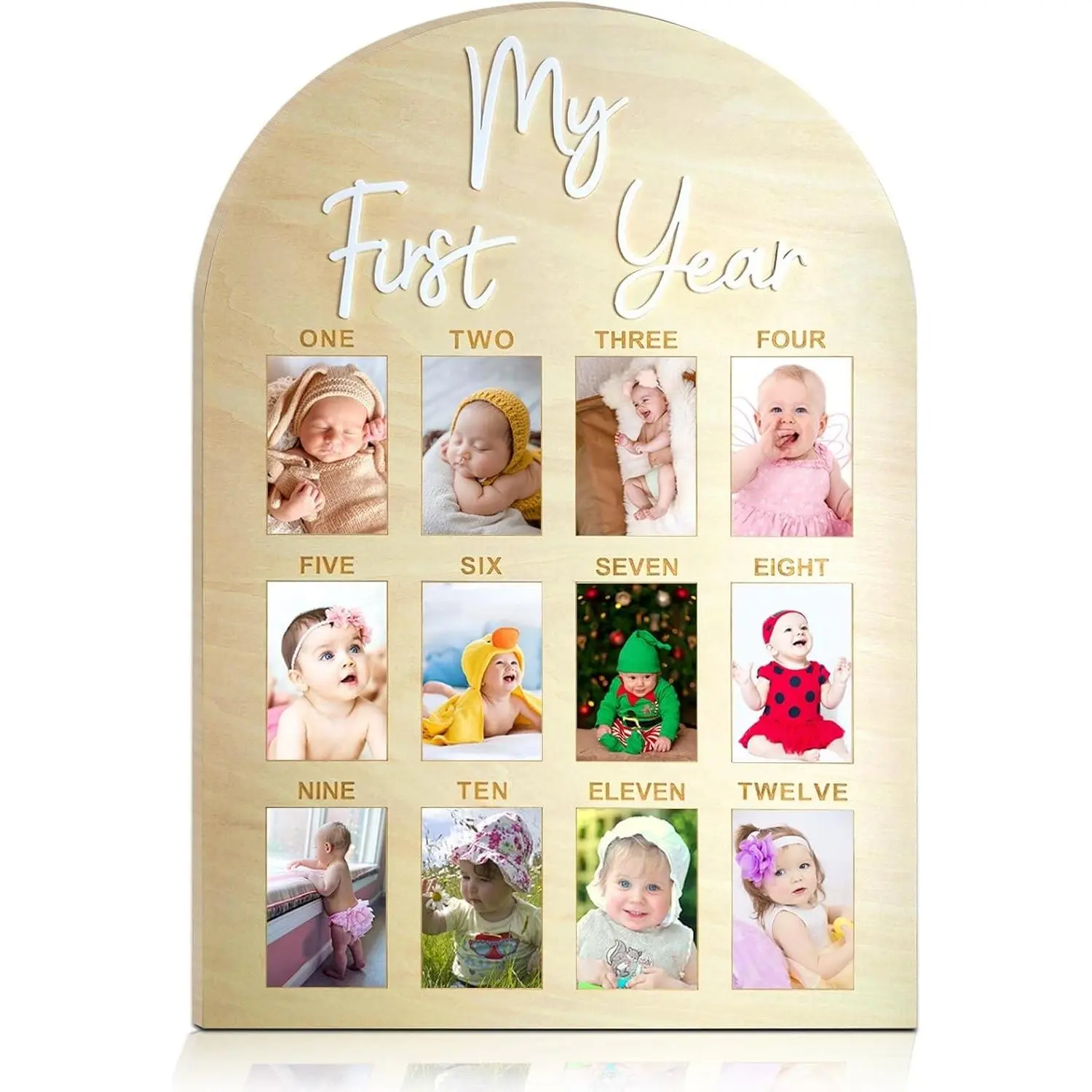 One Year Birthday Wooden Photo Board - My First Year 12 Monthly Milestone Picture Frame, Wood Acrylic Sign, 1st Birthday Decorations, Baby Keepsake Gift for 2" x 3" Wallet Size Photos(Gift)