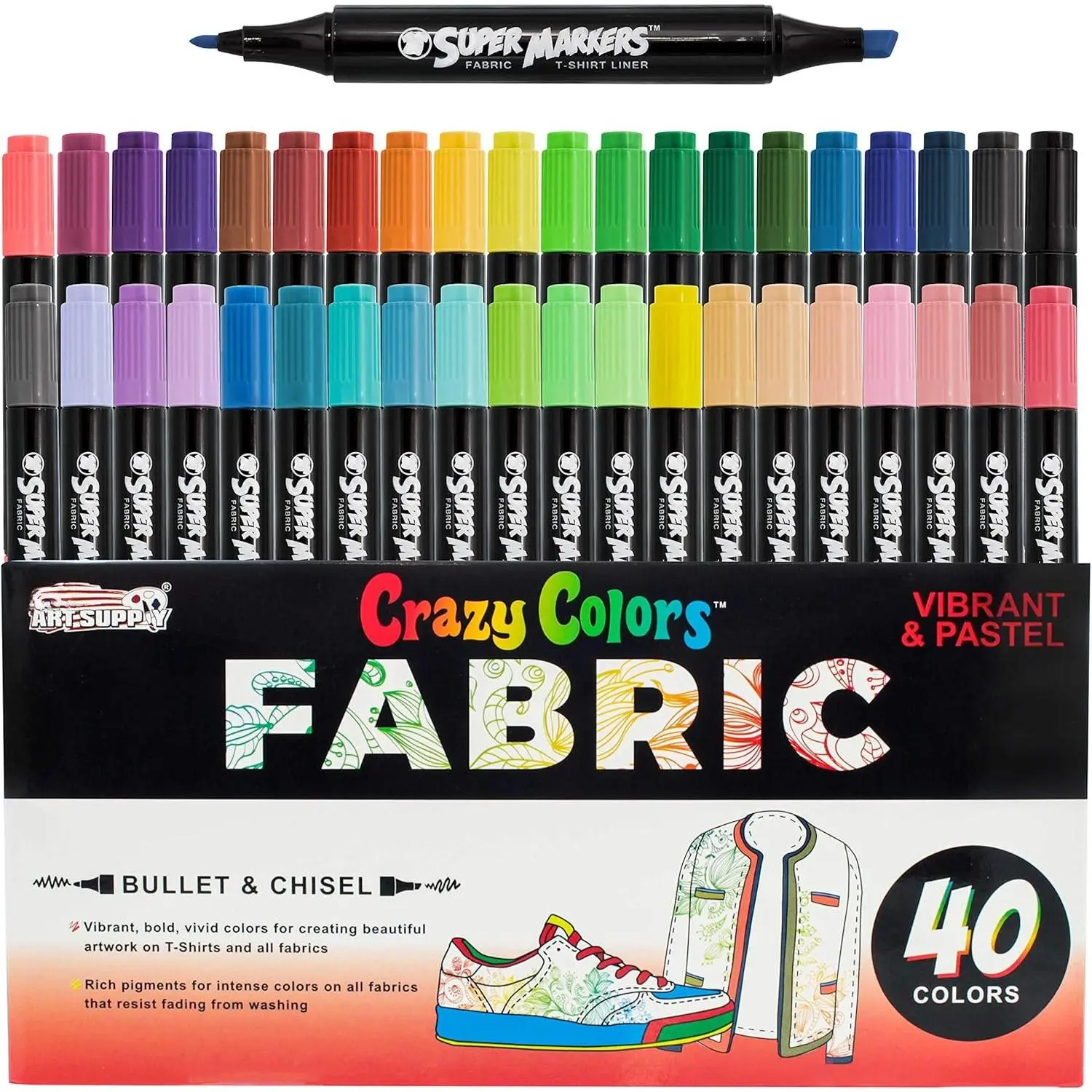 Super Markers 40 Primary & Pastel  Tip Fabric Markers - Fine & Chisel Point Pens Fabric Marker Permanent for Clothes, T-Shirts - Permanent Ink Eye-Catching Pastel Colors