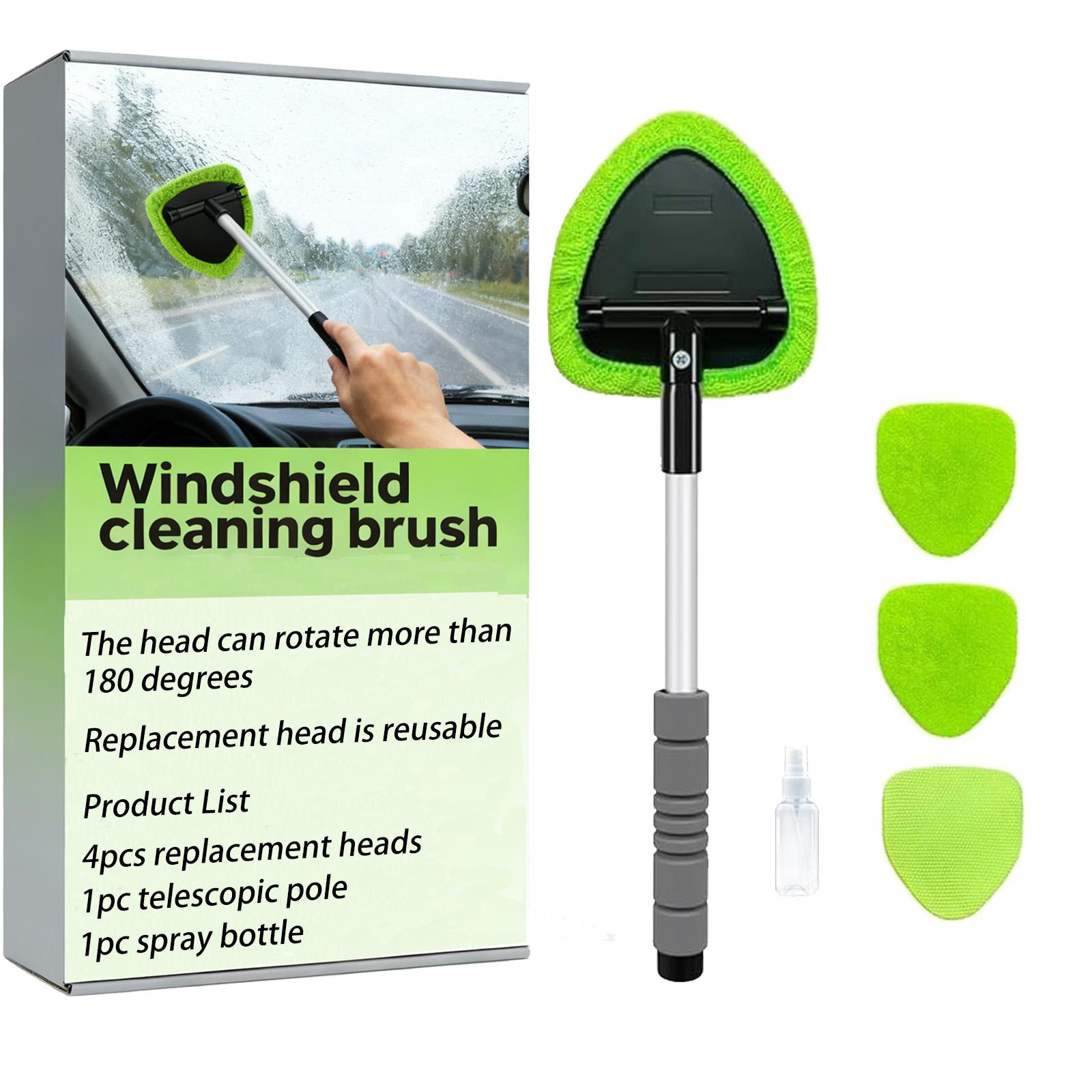 Windshield Cleaning Tool, Microfiber Car Window Cleaner with 4 Reusable and Washable Microfiber Pads and Extendable Handle