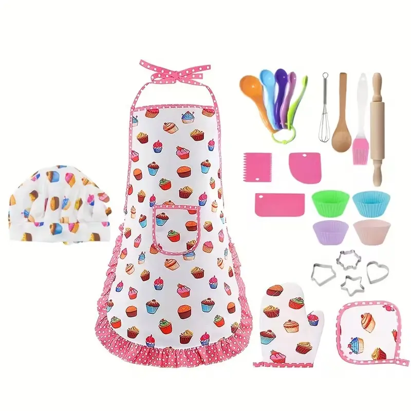 Role-Playing Cooking & Baking Chef Set, Cooking Playset, Cute Cake Print Apron, Chef Hat & Toy Food, Safe & Durable, Suitable for Ages 3+, Birthday Gift
