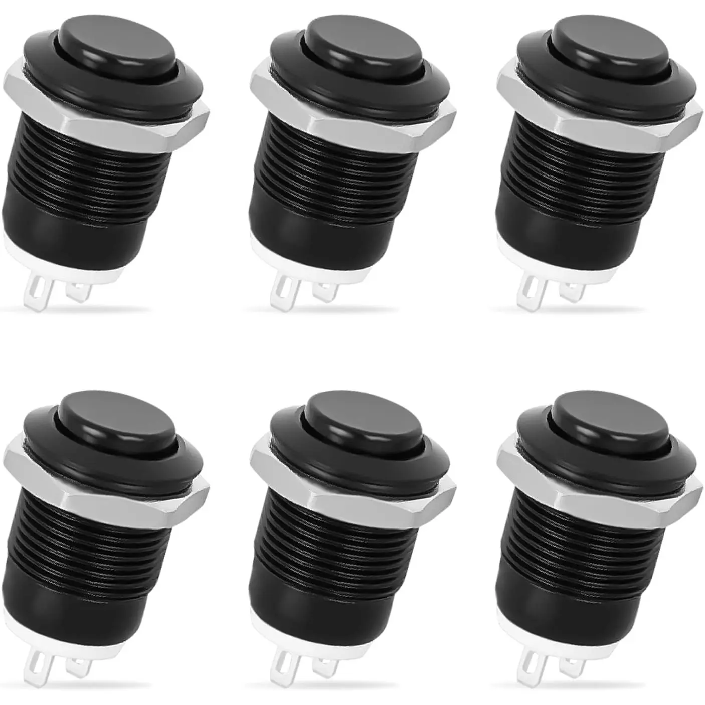 Nilight 12mm Round Momentary Push Button Switch Set (6PCS) - 12V Waterproof IP65 Black Metal 2-Pin On/Off Toggle, Metal Family Automotive Off-Road Vehicle Car Electrical Accessory, Outdoor Safe, Round Shape