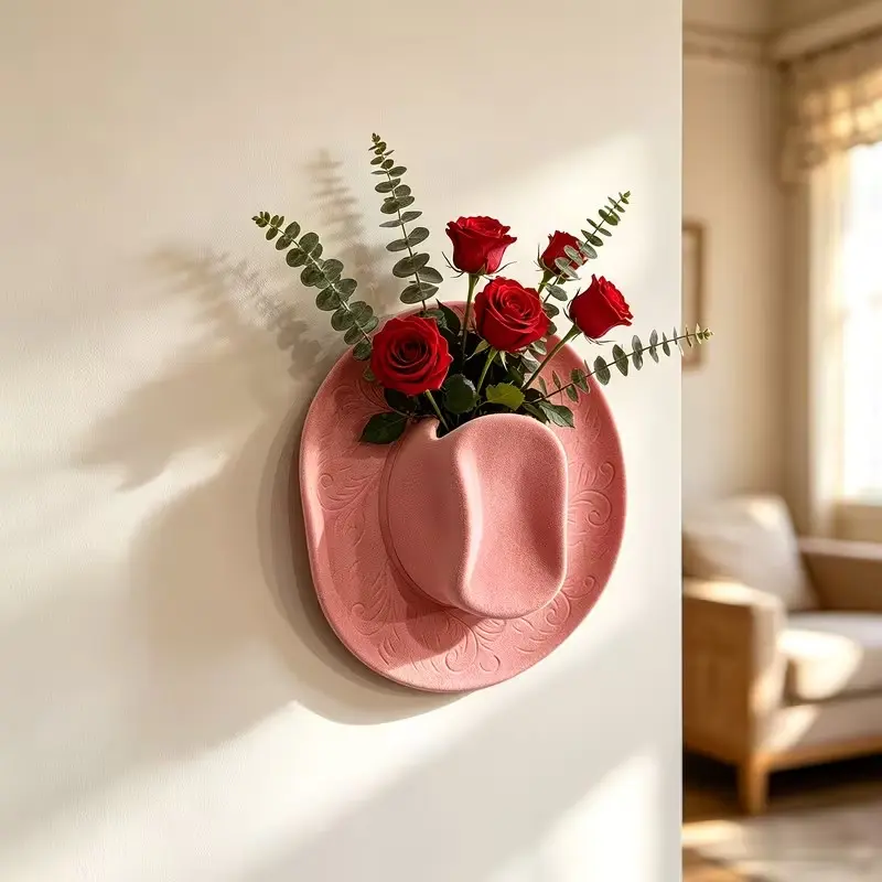 Unique Cowboy Hat Resin Vase, Flower Vases, Wall-Mounted Decorative Planter, Western Style Wall Art, Creative Rose and Dried Flower Grower, Ideal Gift