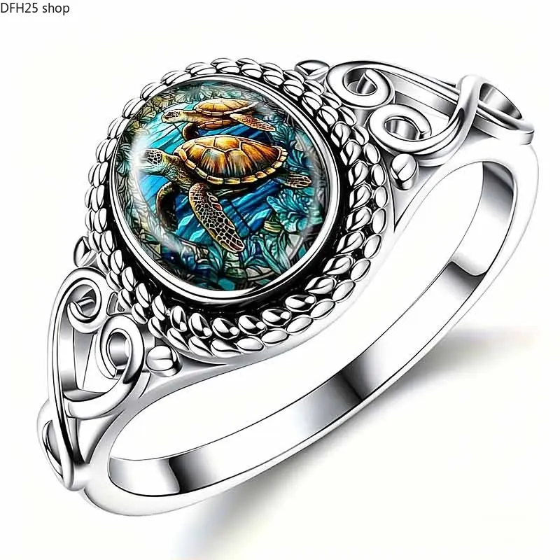Ocean Wave Shell Ring for Women, Boho Sea Inspired Adjustable Jewelry With Turquoise Style Stone Vintage Beach Vacation Daily Wear Accessory