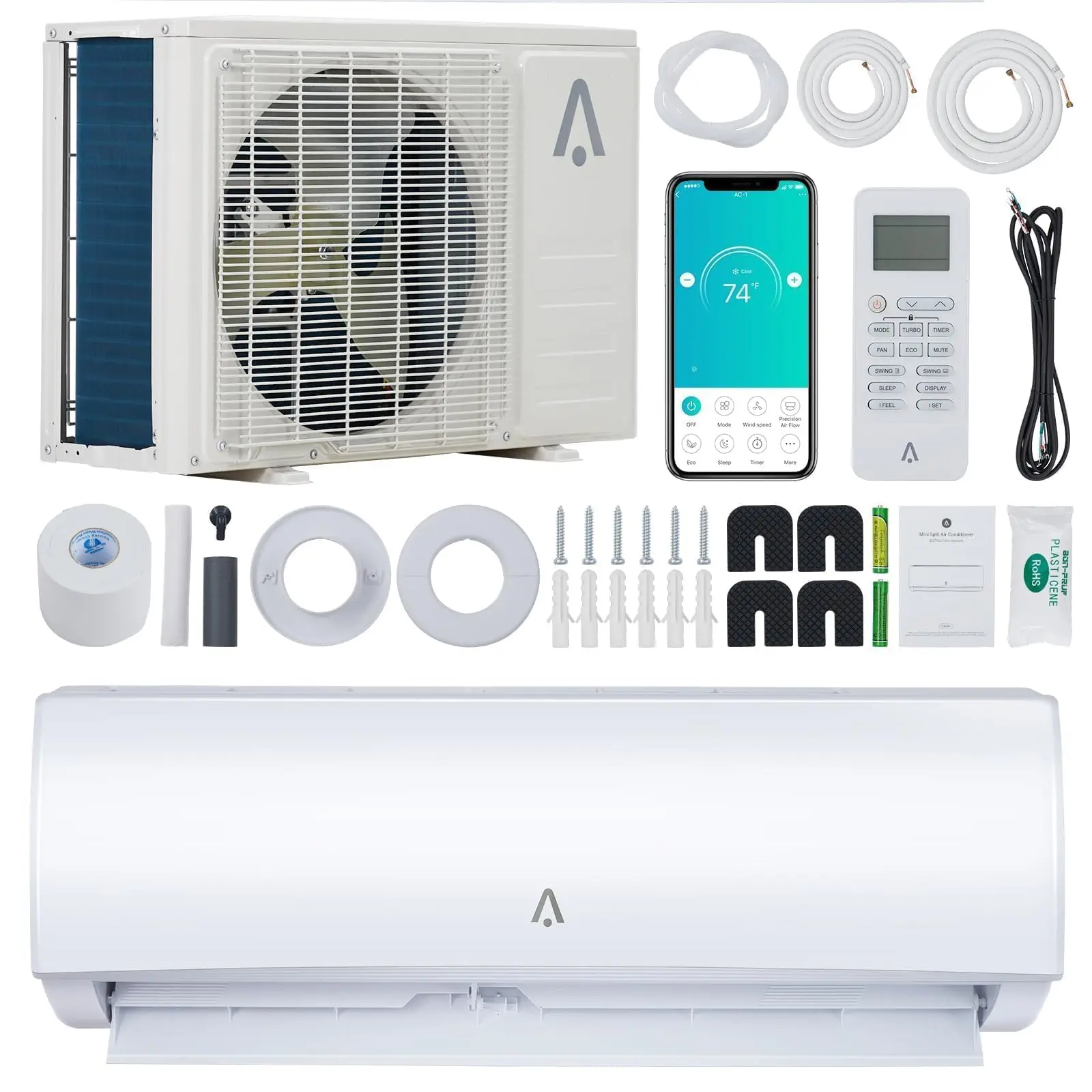 Smart Home AC Unit - 9000 BTU 19 SEER2 115V WiFi & Alexa Compatible Air Conditioner Heat Pump with Timer, App, Washable Filter, Self-Clean, Remote, Install Kit for 550 Sq.Ft Home, Bedroom