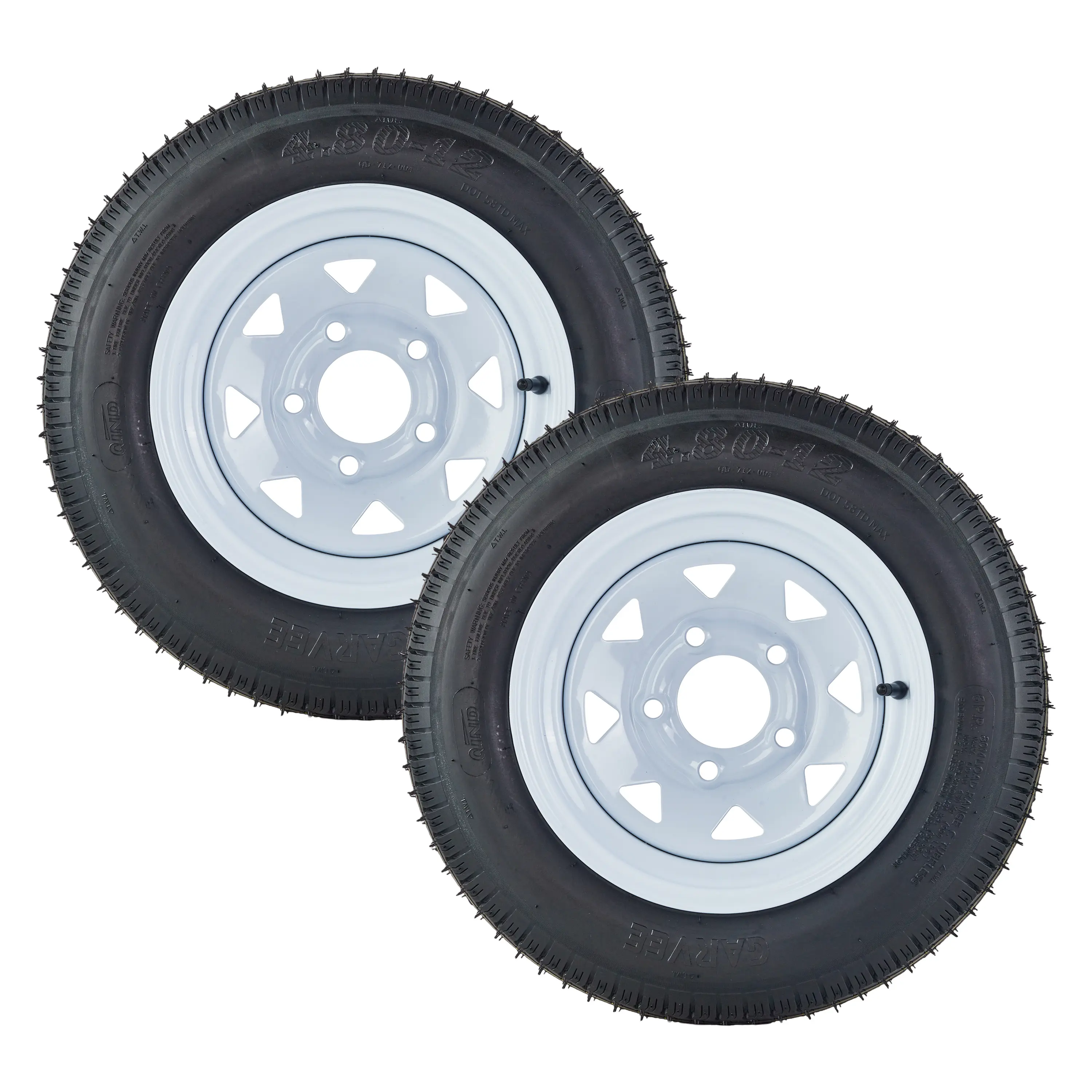 Set of 2 Trailer Tire and Wheel Assemblies 4.80-12, 6-Ply Load Range C, 5 Lug on 4.5 in White Spoke Rims, 990 lb Max Load, 90 PSI, 4 in Rim Width, Pre-Mounted Replacement Tires for Utility, Boat, Camper, Travel, Cargo & Small Equipment Trailers