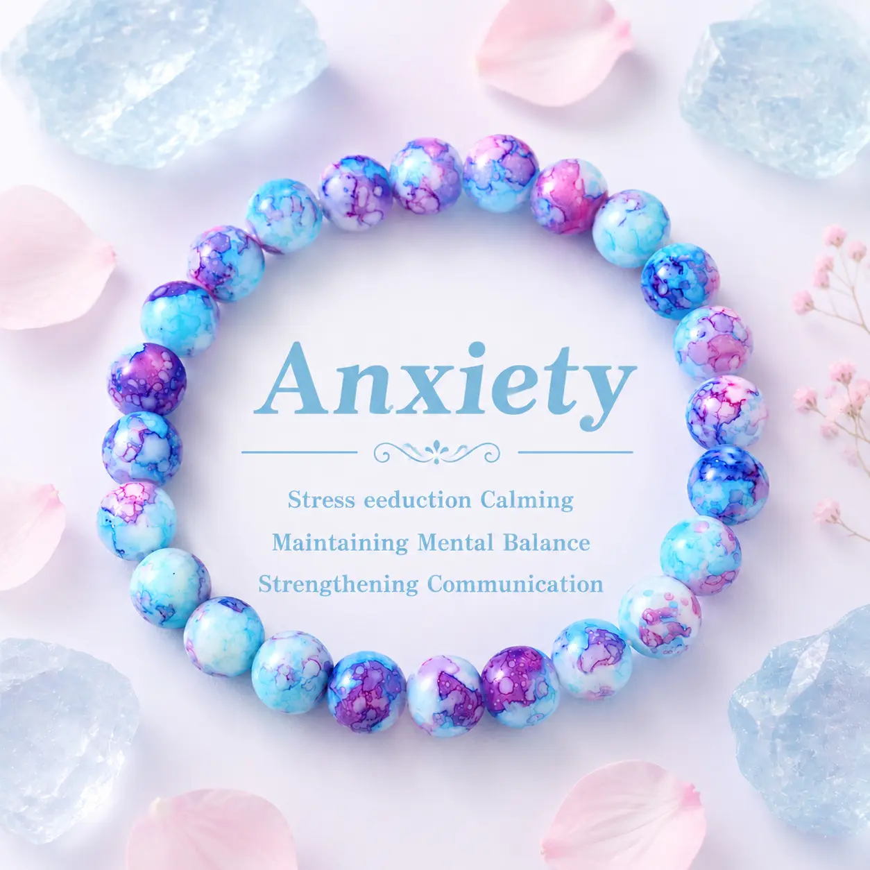 Women's Blue Purple Watercolor Beaded Bracelet - Crystal Healing Jewelry for Anxiety Relief, Stress Calming & Yoga Mindfulness, Watercolor Look