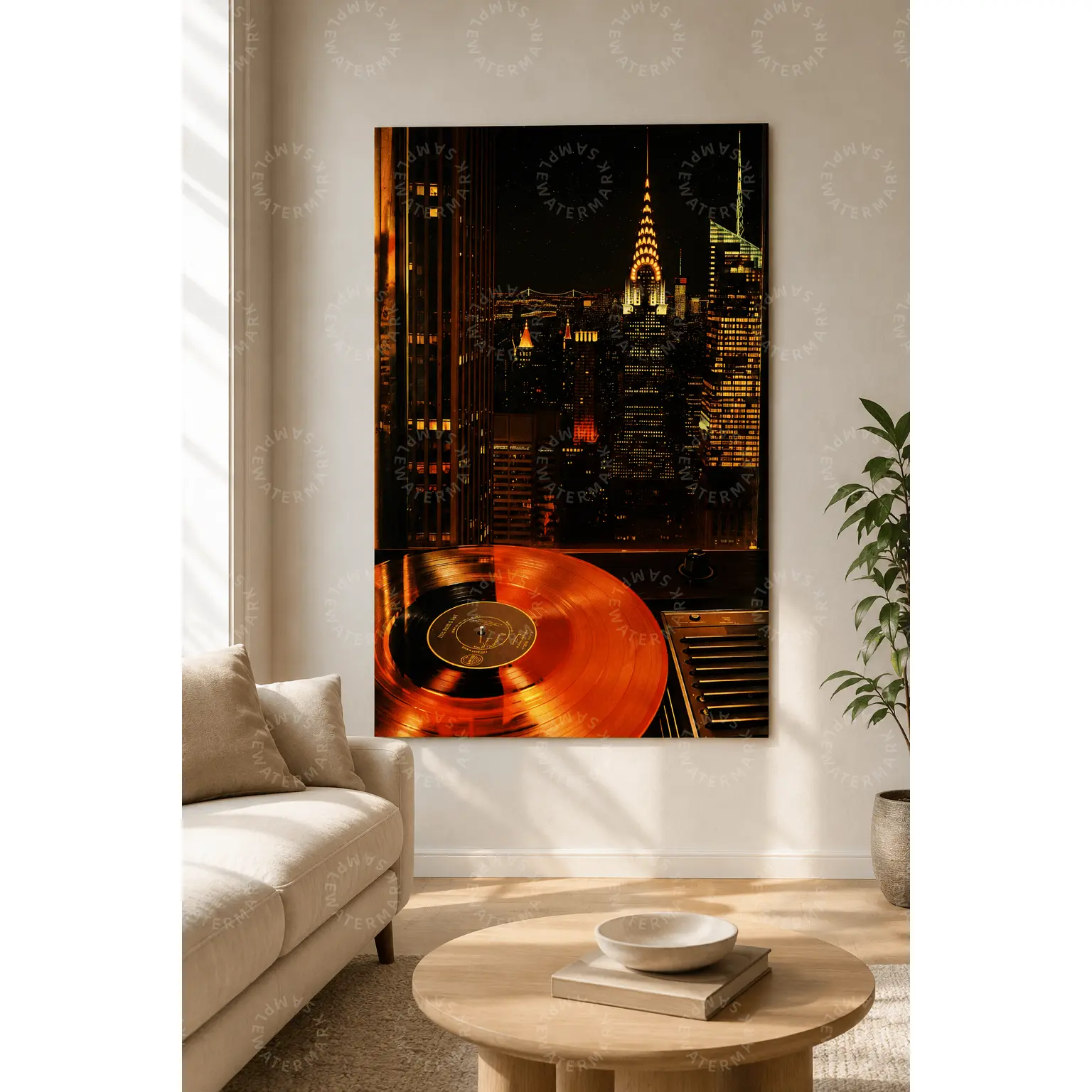 Golden Vinyl Record New York City Night Skyline Canvas Poster, Vintage City Lights Wall Art, Aesthetic Living Room Bedroom Decor, Teen Gaming Room Office Wall Print, Music City Lover Modern Art