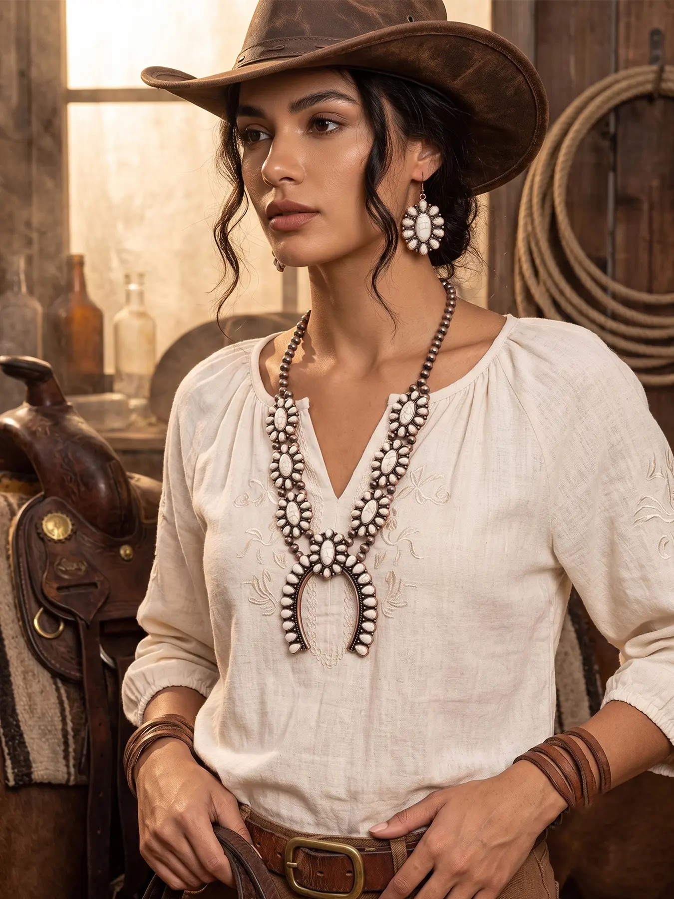Western Squash Blossom Necklace Set - All Seasons Wear Vintage Copper Naja Pendant Navajo Pearl Bead Chain, White Turquoise Oval Cluster Earrings - Southwestern Boho Bohemian Cowgirl Jewelry