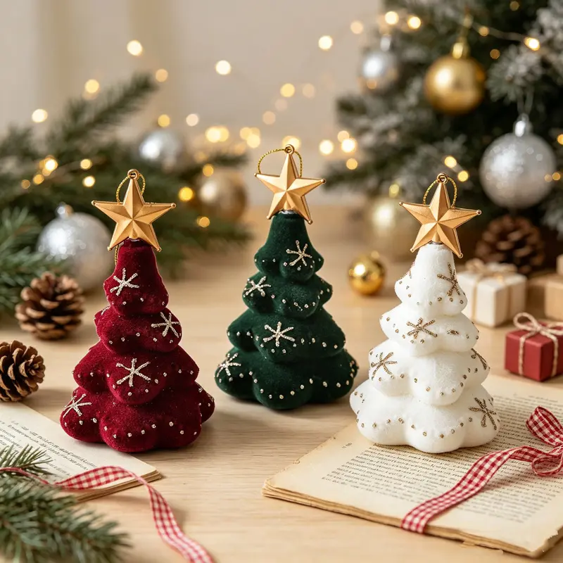 A Christmas tree ornament shaped like a flocked Christmas tree.   The Christmas tree with a star topper is compact in size, easy to hang and store, and suitable for various Christmas decoration settings.   It is also a great prop for taking photos.