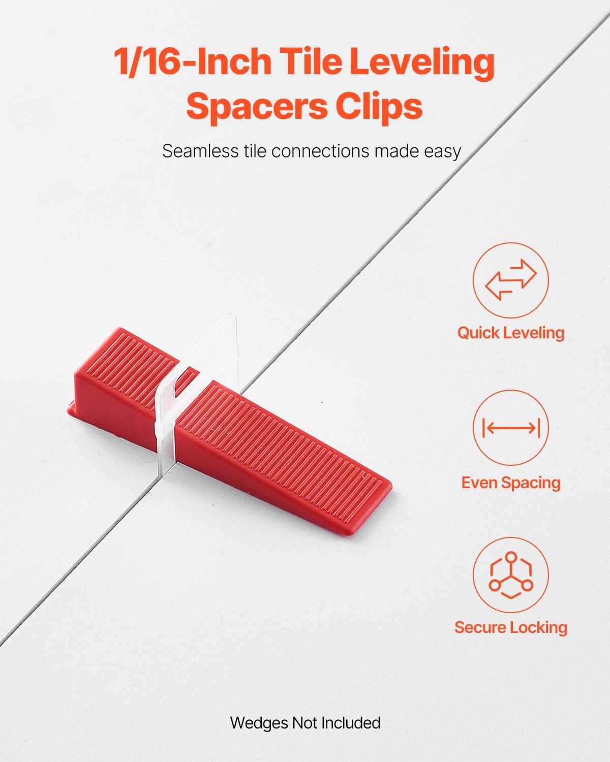 VEVOR Tile Leveling System Clips, 2200-Piece DIY Tile Leveler Spacers, 1/16"(1.5 mm) Tile Leveler Clips, Tile Leveling System Tile Installation Tools for Professional Ceramic Tile, Stone Installation