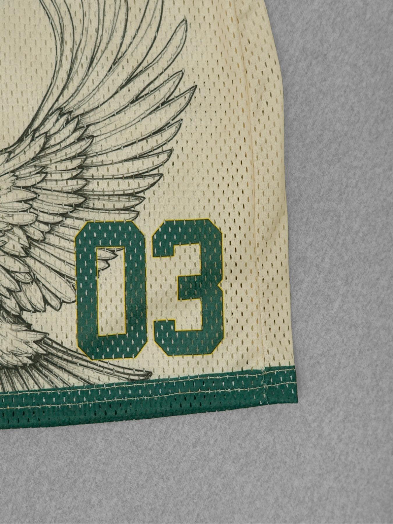 2-piece set of new spring and summer casual street sports style Womenswear V-neck short sleeved loose fitting size 03 "USA" slogan green striped T-shirt+five point apricot mesh shorts set