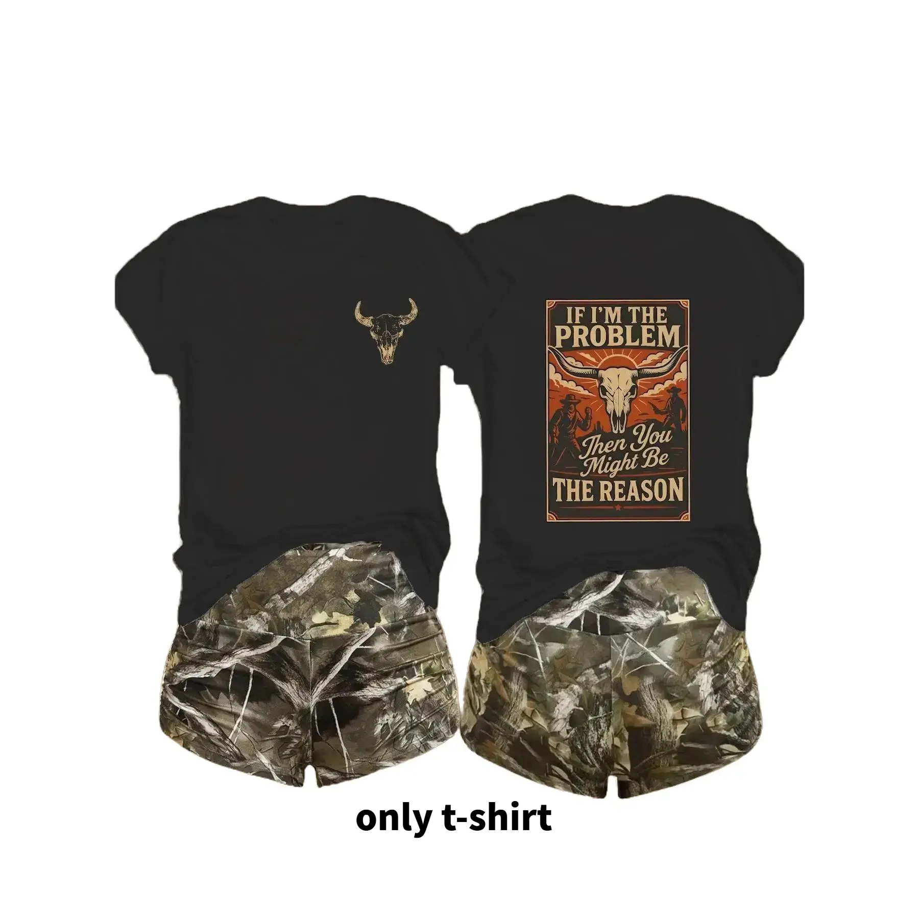 Women's T-Shirt, Casual, Comfortable Fabric, Crew Neck Short-Sleeve,Western Skull & Slogan Graphics Crewneck Streetwear