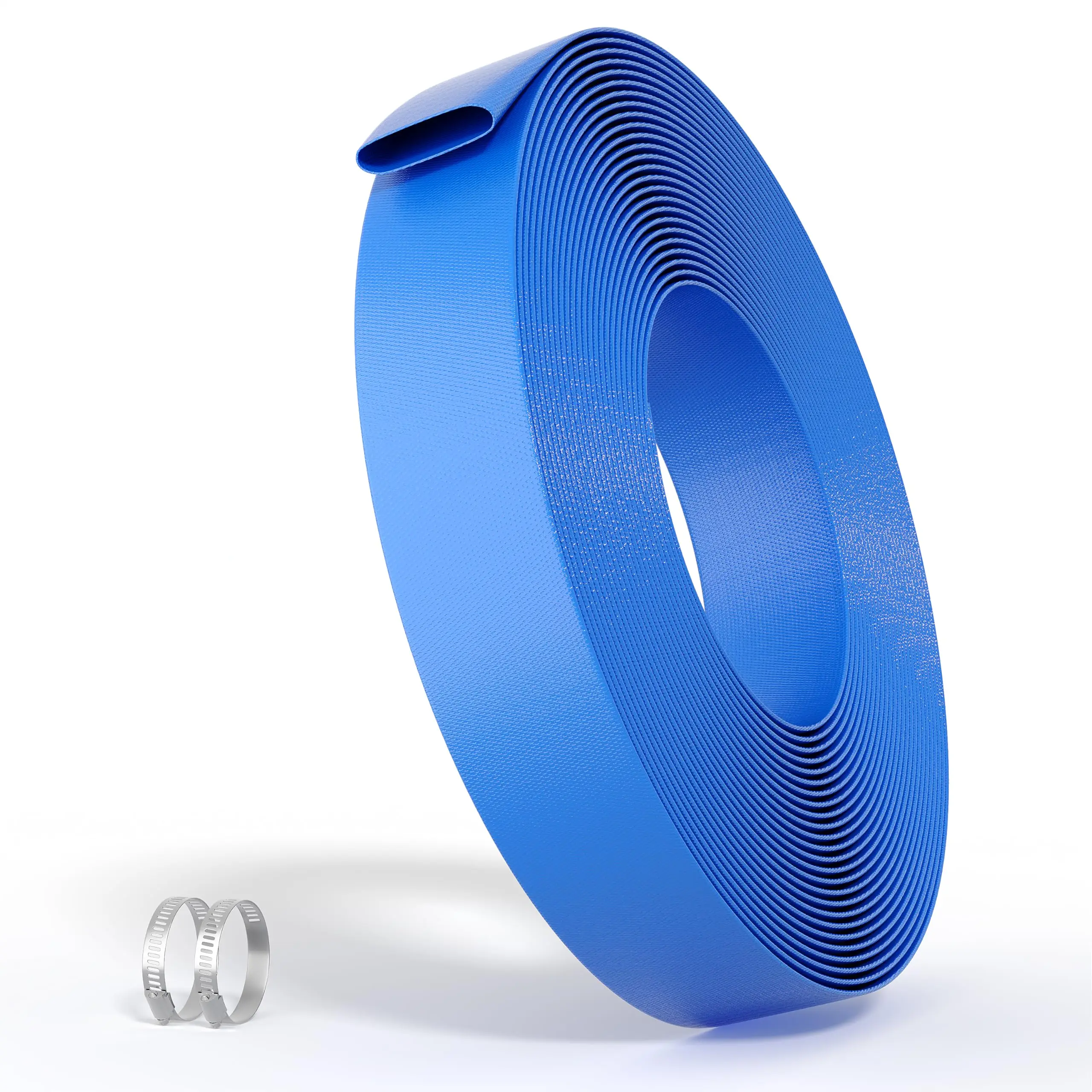 Blue PVC Pool Backwash Hose – Heavy Duty, Reinforced, Flexible – Includes Metal Clamps – For Pool Cleaning, Drainage – 1.5"/2" x 50'/100'